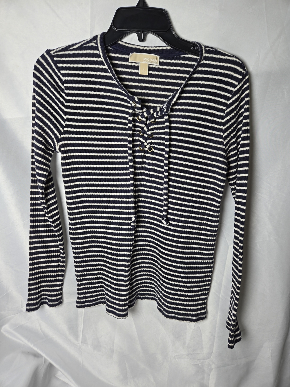 Michael Kors Navy & White Stripe Lace-Up Long Sleeve Top